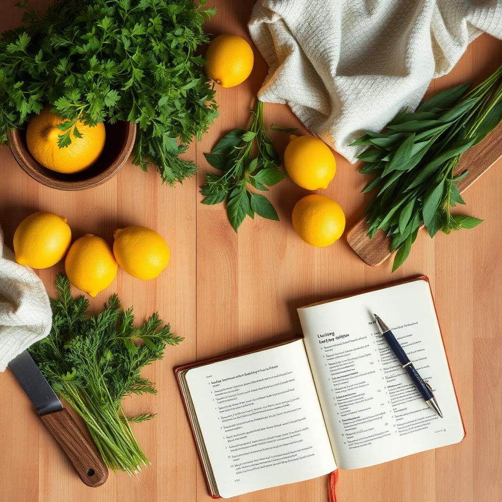 A warm cozy kitchen workspace with herbs, lemons and a recipe notebook