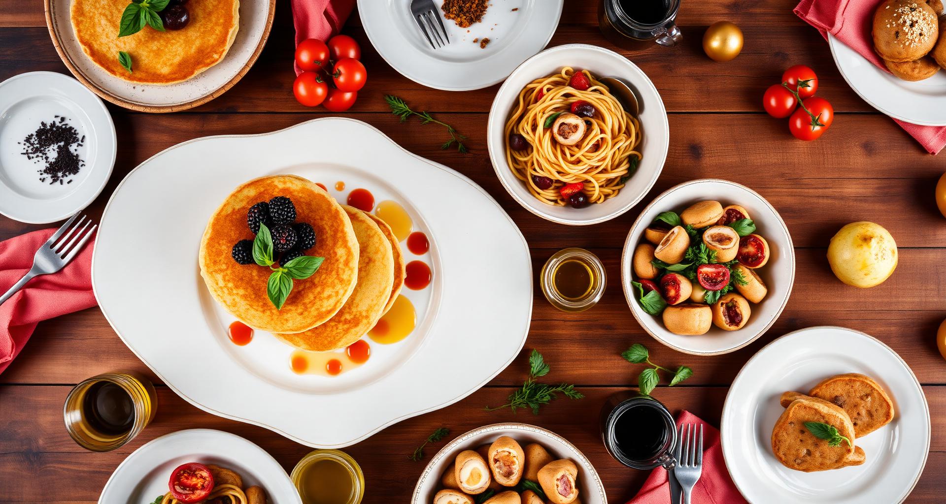A beautiful overhead spread of homemade dishes from Sunny Spoon Kitchen — pancakes, pasta, salad, cookies, and fresh ingredients on a rustic wooden table