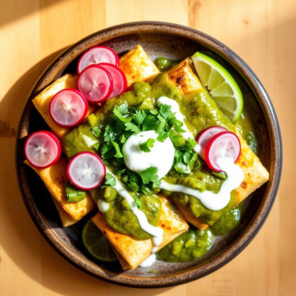 Mexican Chicken Enchiladas Verdes with Roasted Tomatillo Salsa
